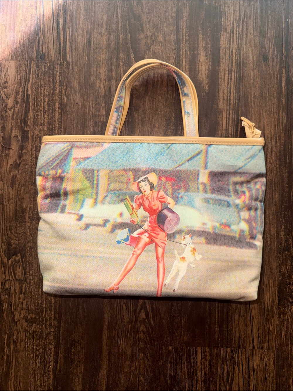 Y2K Yellow Tote Bag with Retro Lady Print